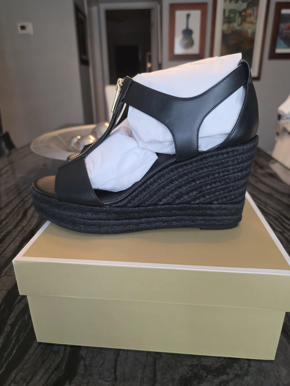 NWT Michael Kors Black Leather Zip-Front Platform Sandals